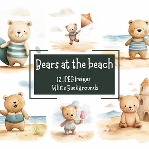Słodkie misie na plaży Clipart Bundle 12 obrazów JPEG | Letnie misie | Użytek komercyjny | Pobieranie cyfrowe | Dziennik śmieci | Tworzenie kartek