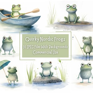 Lot de cliparts grenouilles mignonnes et amusantes | 10 illustrations JPEG de haute qualité avec arrière-plan | Utilisation commerciale | Journal indésirable | Style scandinave