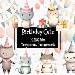Festa de aniversário de gatos fofos 15 pacote de clipart PNG | Download digital para uso comercial | Desenhos de festas de aniversário em aquarela para impressão infantil