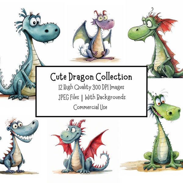 Cute Dragon Clipart Bundle | 12 High Quality JPEG Illustrations With White Backgrounds | Commercial Use | Digital Download | Junk Journal