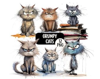 Paquete de imágenes PNG de gato gruñón divertido, fondos transparentes, uso comercial, gráficos de gato enojado divertido