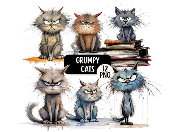 Funny Grumpy Cat PNG Clipart Bundle, Transparent Backgrounds, Commercial Use, Funny Angry Cat Graphics