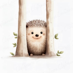 May include: A cute cartoon hedgehog peeking out from behind two birch trees. The hedgehog has brown fur, a brown nose, and black eyes. It is smiling.