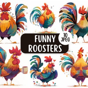 Paquete de 10 archivos JPEG de imágenes prediseñadas de gallos divertidos / Imágenes prediseñadas de gallos extravagantes / Pájaros de granja divertidos / Licencia comercial / Manualidades digitales / Fabricación de tarjetas