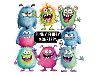 Funny Fluffy Monster Clipart Bundle 12 PNG | Cute Cartoon Monsters |  Quirky, Colourful Monster Graphics | Children's Printable Clipart