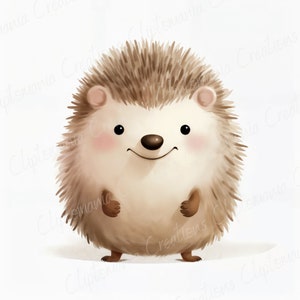 May include: A cartoon illustration of a brown and white hedgehog with a happy expression. The hedgehog is standing on a white background.
