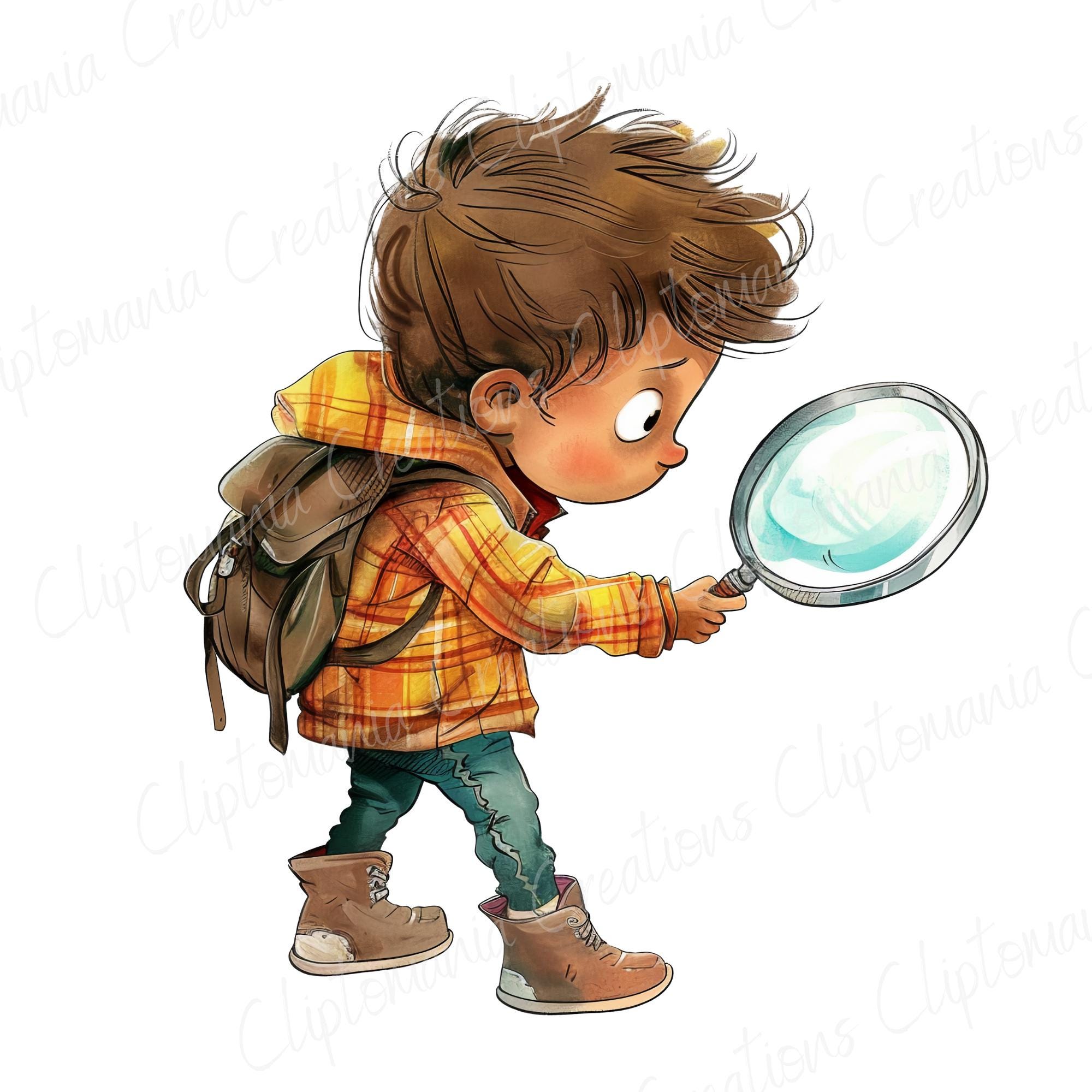 Cute Boy With Magnifying Glass PNG Clipart Design | Transparent Background  | Commercial Use | Digital Download | Cartoon Watercolour Boy - Etsy Israel, image size:2000x2000
