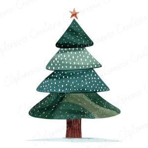 K&ouml;nnte beinhalten: Ein stilisierter Aquarell-Weihnachtsbaum mit einem roten Stern oben. Der Baum ist gr&uuml;n mit wei&szlig;en Punkten und goldenen Akzenten. Der Baum steht auf einem wei&szlig;en Hintergrund.