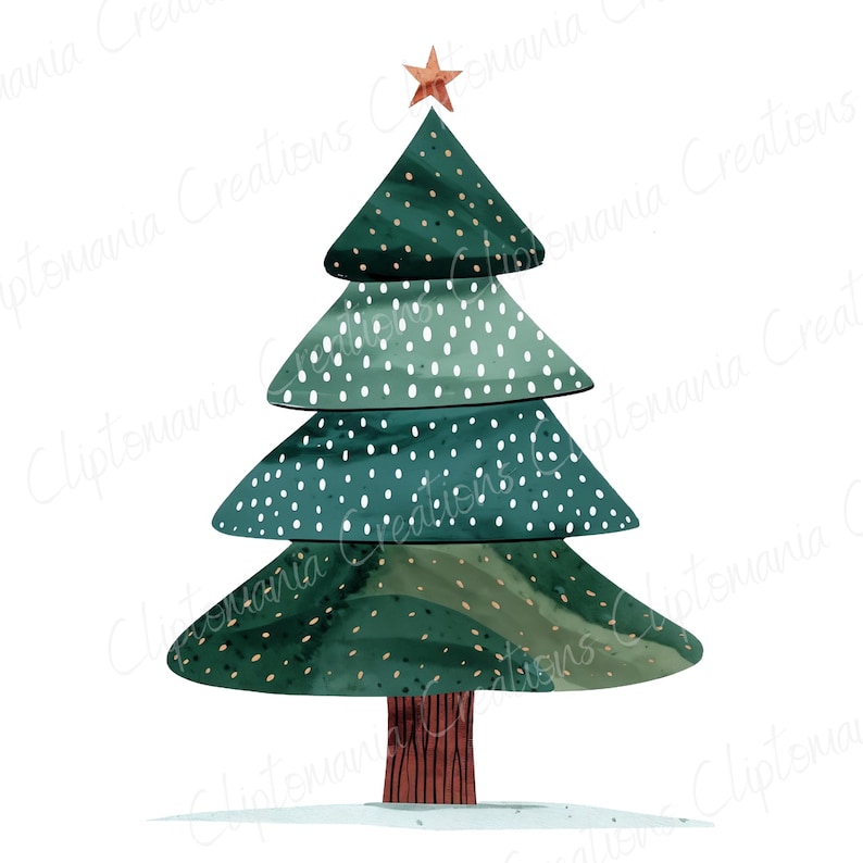K&ouml;nnte beinhalten: Ein stilisierter Aquarell-Weihnachtsbaum mit einem roten Stern oben. Der Baum ist gr&uuml;n mit wei&szlig;en Punkten und goldenen Akzenten. Der Baum steht auf einem wei&szlig;en Hintergrund.