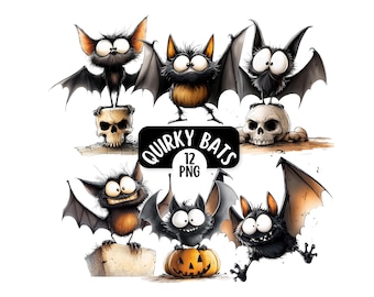 Paquete de 12 imágenes PNG de murciélagos peculiares / Invitaciones y tarjetas DIY / Descarga digital / Murciélagos lindos y divertidos / Imágenes prediseñadas de Halloween