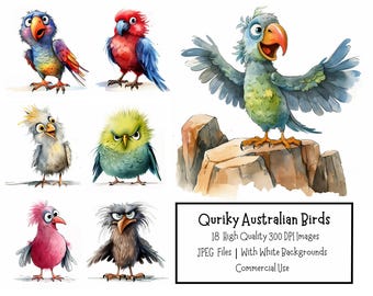 Pacchetto di 18 clipart JPEG di simpatici uccelli australiani / Disegni per la creazione di biglietti / Uccelli carini e divertenti / Uccelli colorati stampabili / Scrapbooking digitale