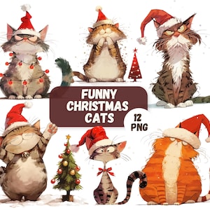 Lot de 12 cliparts chat de Noël mignon et drôle | Fonds transparents | Graphismes festifs originaux | Conceptions de fabrication de cartes