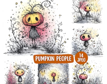 Niedliches Kürbis-Clipart-Bundle 14 JPEG, gruselige Saison Herbstkürbis druckbare Kunst, kommerzielle Nutzung wunderliche Halloween-Digitalpapiere