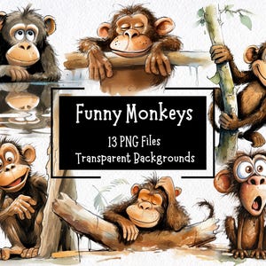 Cute And Funny Monkey Clipart Bundle 13 PNG Designs | Transparent Backgrounds | Commercial Use | Jungle Clipart | Cartoon Monkeys
