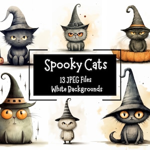 Spooky Halloween katten clipart bundel 13 JPEG-ontwerpen | Witte achtergronden | Commerciële licentie | Gotische aquarelafbeeldingen | Ongewenst dagboek