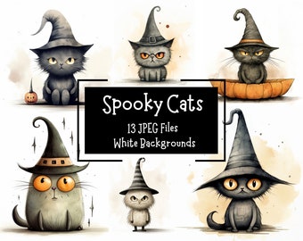Spooky Halloween Cats Clipart Bundle 13 JPEG Designs | White Backgrounds | Commercial Licence | Gothic Watercolour Graphics | Junk Journal