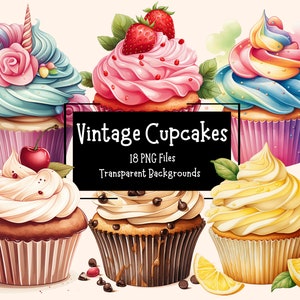 Vintage Aquarell Cupcake Clipart | 18 hochwertige PNG-Dateien mit transparentem Hintergrund | Schoko Cupcake | Kommerzielle Lizenz