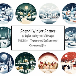 Pacchetto clipart scene invernali scandinave / 12 file PNG di alta qualità con sfondi trasparenti / licenza commerciale / clipart di Natale