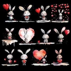 Puede incluir: Una ilustraci&oacute;n digital de diez conejos lindos con corazones. Los conejos est&aacute;n en varias poses, algunos sosteniendo corazones, otros con corazones flotando a su alrededor y otros con corazones en el fondo. La ilustraci&oacute;n est&aacute; hecha en un estilo de acuarela con colores suaves.