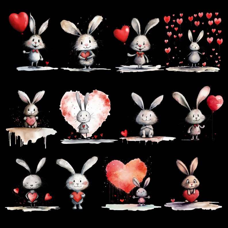 Puede incluir: Una ilustraci&oacute;n digital de diez conejos lindos con corazones. Los conejos est&aacute;n en varias poses, algunos sosteniendo corazones, otros con corazones flotando a su alrededor y otros con corazones en el fondo. La ilustraci&oacute;n est&aacute; hecha en un estilo de acuarela con colores suaves.