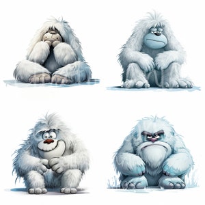 May include: Four illustrations of white, furry yeti creatures in different poses and expressions. One covers its face, one looks sad with a blue face, one has a wide, toothy grin, and one appears angry with a furrowed brow and a white beard.