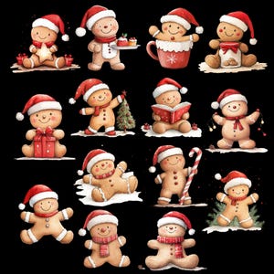 Puede incluir: Una colecci&oacute;n de ilustraciones en acuarela de hombres de jengibre con gorros de Pap&aacute; Noel. Algunos sostienen regalos, una estrella, un bast&oacute;n de caramelo o un &aacute;rbol de Navidad. Otros est&aacute;n en una taza o leyendo un libro. El fondo es negro.