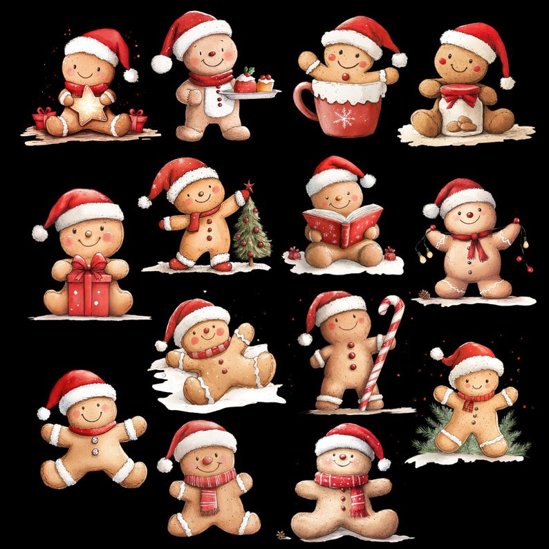 Puede incluir: Una colecci&oacute;n de ilustraciones en acuarela de hombres de jengibre con gorros de Pap&aacute; Noel. Algunos sostienen regalos, una estrella, un bast&oacute;n de caramelo o un &aacute;rbol de Navidad. Otros est&aacute;n en una taza o leyendo un libro. El fondo es negro.