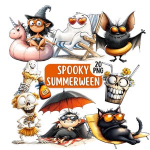Spooky Summerween Clipart Bundle 20 PNG, Cute & Funny Summer Halloween PNG, Summerween Beach Clipart, Cute Bat, Funny Ghost PNG