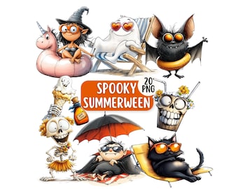 Paquete de imágenes prediseñadas espeluznantes de Summerween (20 PNG), imágenes PNG de Halloween veraniego lindas y divertidas, imágenes prediseñadas de playa de Summerween, murciélago lindo, fantasma divertido PNG