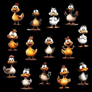 K&ouml;nnte beinhalten: Eine bunte Illustration von 14 Cartoon-H&uuml;hnern und Enten. Die H&uuml;hner sind gelb mit roten K&auml;mmen und Kehllappen, und die Enten sind in verschiedenen Farben, darunter gr&uuml;n, wei&szlig; und braun. Die Tiere stehen alle auf einem schwarzen Hintergrund.