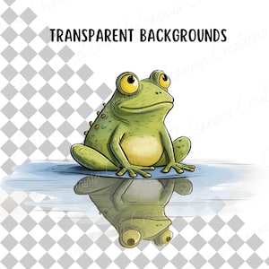 May include: A green frog with yellow eyes sits on a blue surface with its reflection in the water below. The frog is looking to the right of the image.
