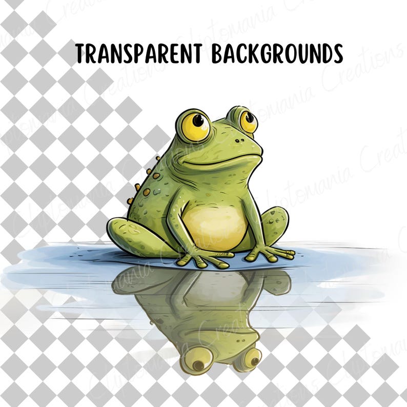 May include: A green frog with yellow eyes sits on a blue surface with its reflection in the water below. The frog is looking to the right of the image.