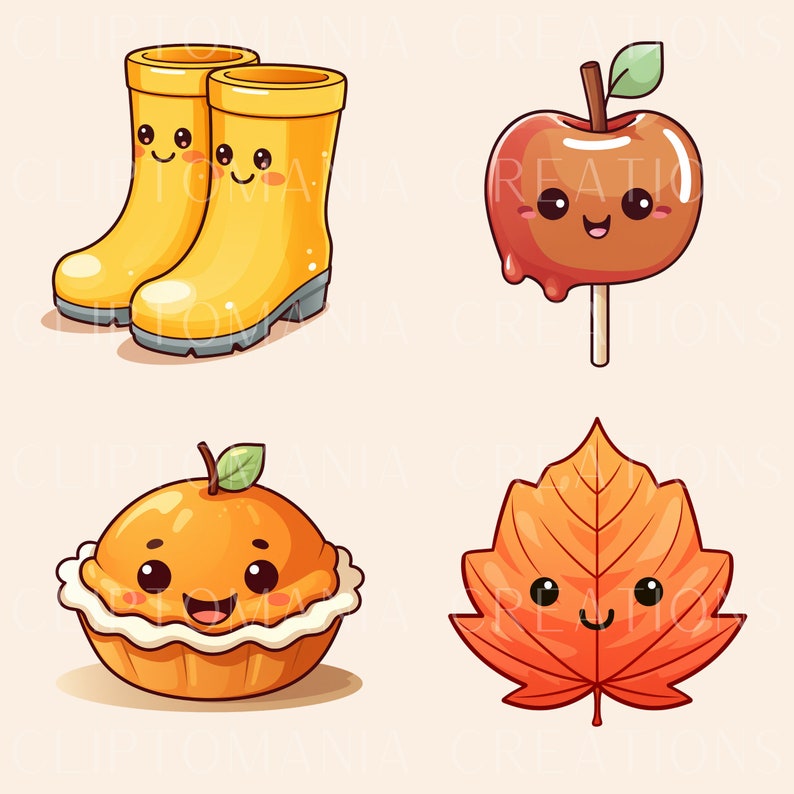 May include: Four cartoon illustrations of autumn themed items. A pair of yellow wellies, a red candy apple on a stick, a pie with a yellow orange filling, and a brown maple leaf.