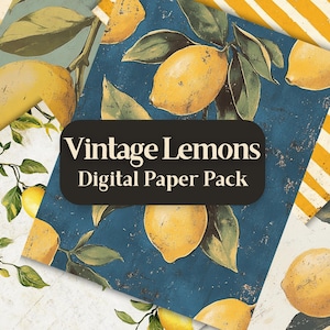 Papier numérique vintage citron, motif agrumes, papier journal indésirable pour le scrapbooking, fabrication de cartes et travaux manuels, pages d'arrière-plan imprimables d'été