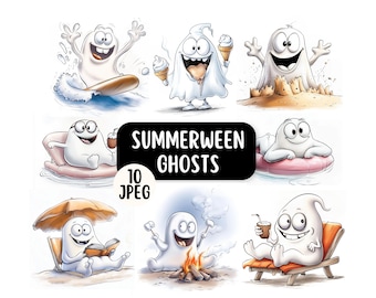 Summerween Funny Ghost Clipart Bundle JPEG, Cute Halloween Ghost Clipart, Digital Download