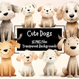 Paquete de 16 imágenes prediseñadas PNG de perros en acuarela adorables / Fondos transparentes / Uso comercial / Manualidades digitales / Diario basura / Gráficos de mascotas adorables