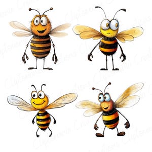 May include: Four cartoon bees with yellow and black stripes, large eyes, and brown fuzzy bodies. The bees are drawn in a whimsical style with exaggerated features.