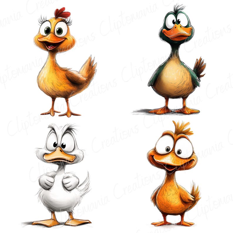 K&ouml;nnte beinhalten: Vier Comic-Tiere, ein gelbes Huhn, eine gr&uuml;ne Ente, eine wei&szlig;e Ente und eine orange Ente, stehen auf einem wei&szlig;en Hintergrund. Sie alle haben gro&szlig;e Augen und schauen den Betrachter an.