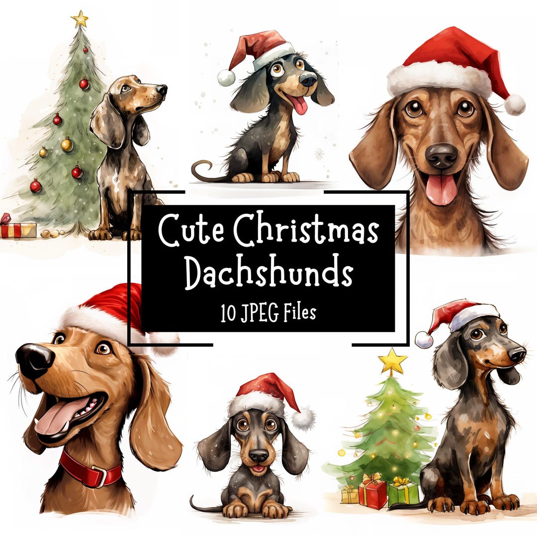 Cute Christmas Dachshund Dog Clipart Bundle | 10 JPEG Designs | White ...