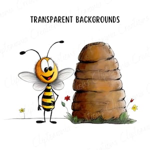 May include: A cartoon bee with a yellow and black striped body stands in front of a brown beehive. The bee has a big smile and is looking at the beehive. There are small red and yellow flowers in the grass.