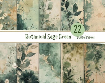 Sage Green Botanical Vintage Junk Journal Digital Paper Pack Watercolour Floral Background pages for Scrapbooking, Card Making & Crafts