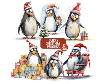 Quirky Christmas Penguin PNG Clipart-paket, rolig pingvin, rolig festlig grafik, söta utskrivbara kortdesigner