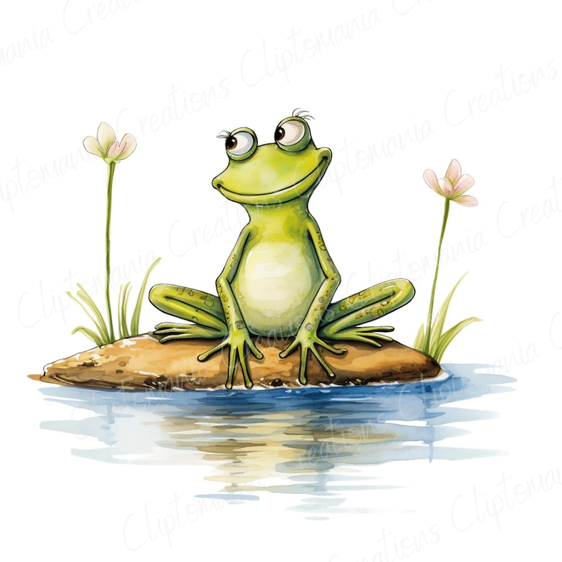 May include: A green frog with a big smile sits on a brown rock in a pond. The frog is looking to the right, and there are two pink flowers growing in the water.