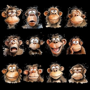 Cute And Funny Monkey Faces PNG Clipart Bundle, Transparent Backgrounds, Funny Jungle Animal Clipart, Quirky Watercolour Monkey Graphics image 9