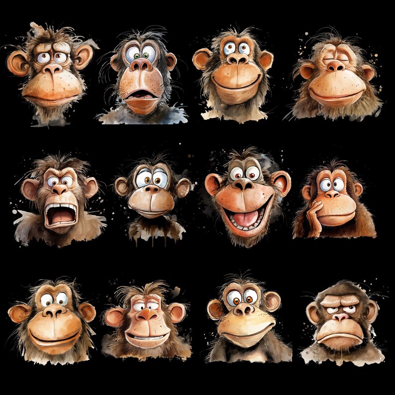 Cute And Funny Monkey Faces PNG Clipart Bundle, Transparent Backgrounds, Funny Jungle Animal Clipart, Quirky Watercolour Monkey Graphics image 9