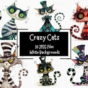 Op de afbeelding: Tien digitale illustraties van grillige, cartoonachtige katten met verschillende uitdrukkingen en accessoires. Elke kat draagt ​​een hoed en heeft een gestreepte staart. De katten bevinden zich op een witte achtergrond. De tekst "Crazy Cats" en "10 JPEG Files White Backgrounds" wordt weergegeven in een zwarte rechthoek.