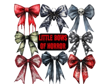 Watercolour Halloween Bow PNG Clipart Bundle, Creepy Bows Transparent Backgrounds, Gothic Halloween Commercial Use, Spooky Gothic Coquette