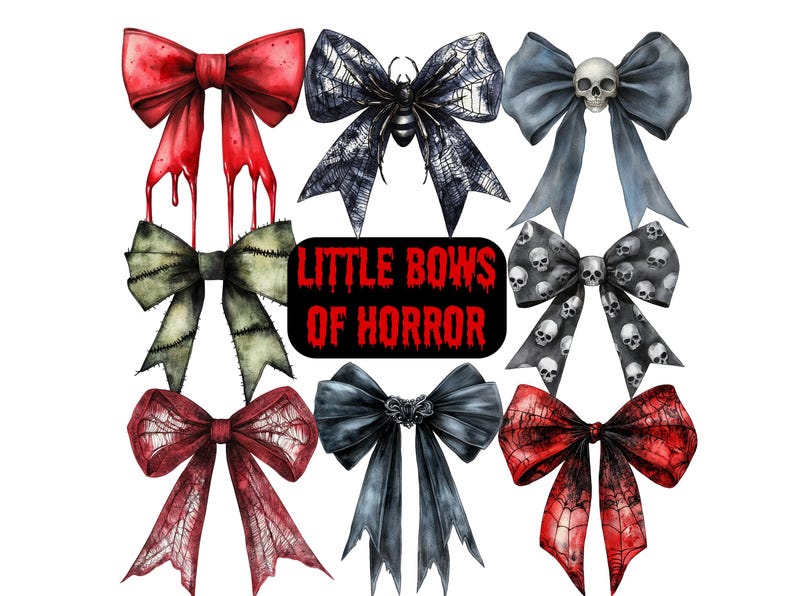 Watercolour Halloween Bow PNG Clipart Bundle, Creepy Bows Transparent Backgrounds, Gothic Halloween Commercial Use, Spooky Gothic Coquette image 1