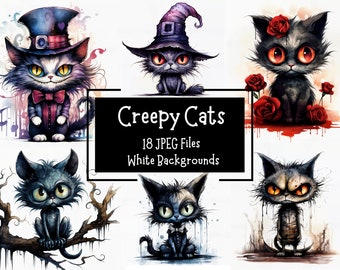 May include: A set of 18 digital illustrations of creepy cats in various poses. The cats are drawn in a watercolor style with white backgrounds. The text "Creepy Cats" and "18 JPEG Files White Backgrounds" is included in the image.