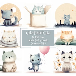 Cute Pastel Cats JPEG Clipart Bundle | 16 High Quality 300DPI Images | Commercial Use | Digital Download | Junk Journal | Paper Craft